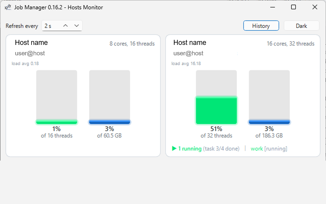 Job Manager hosts monitor showing CPU and memory load on two remote hosts with one job running