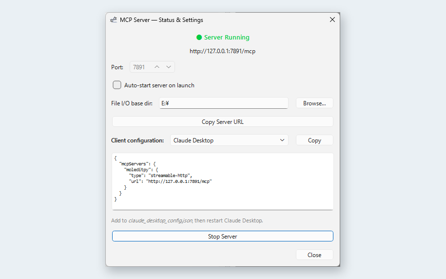 MCP Server status dialog showing the server running on a local URL and the Claude Desktop client configuration to copy