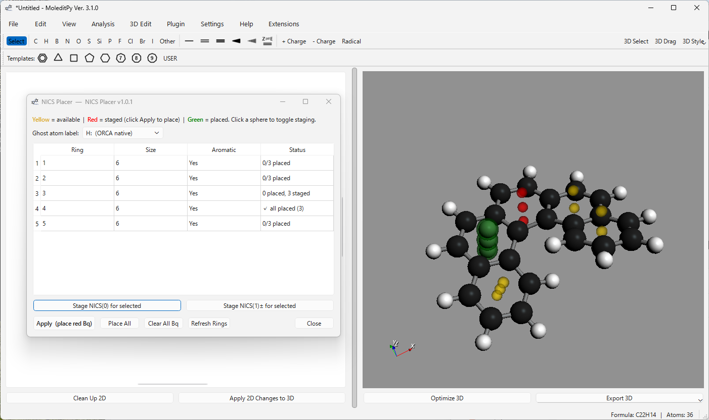 NICS Placer listing the rings of a polycyclic aromatic molecule, with available, staged, and placed NICS probe positions shown in yellow, red, and green in 3D