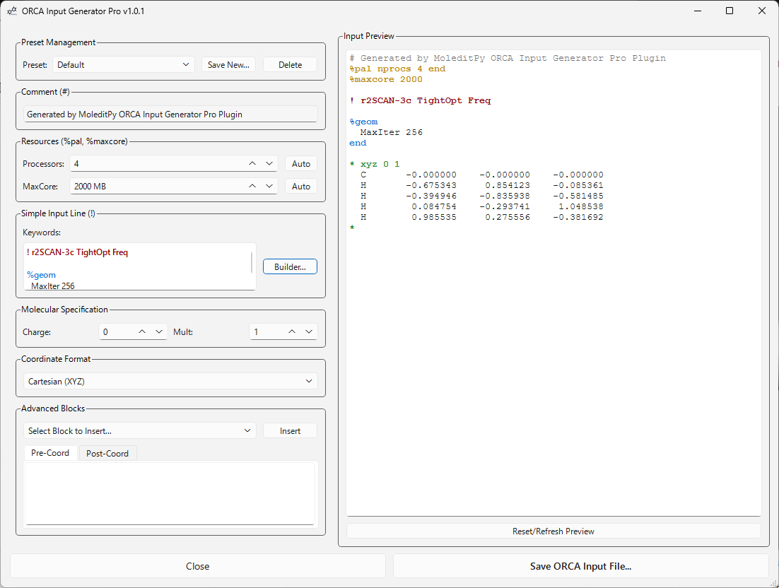ORCA Input Generator Pro dialog with resources, keywords, and a live input file preview