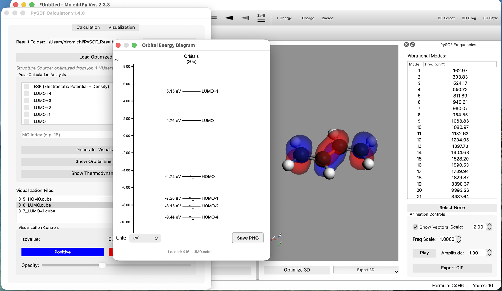 PySCF Calculator showing an orbital energy diagram, a butadiene orbital isosurface, and a list of vibrational modes